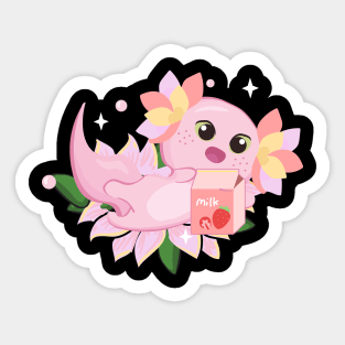 Axolotl Strawberry Milk Milkshake Floral Kawaii Axolotl Sticker